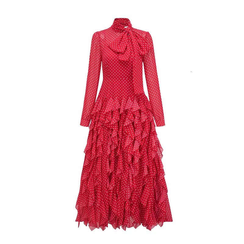 2026 early autumn European and American niche goddess fairy style polka dot ruffled satin ribbon tie fluffy long skirt