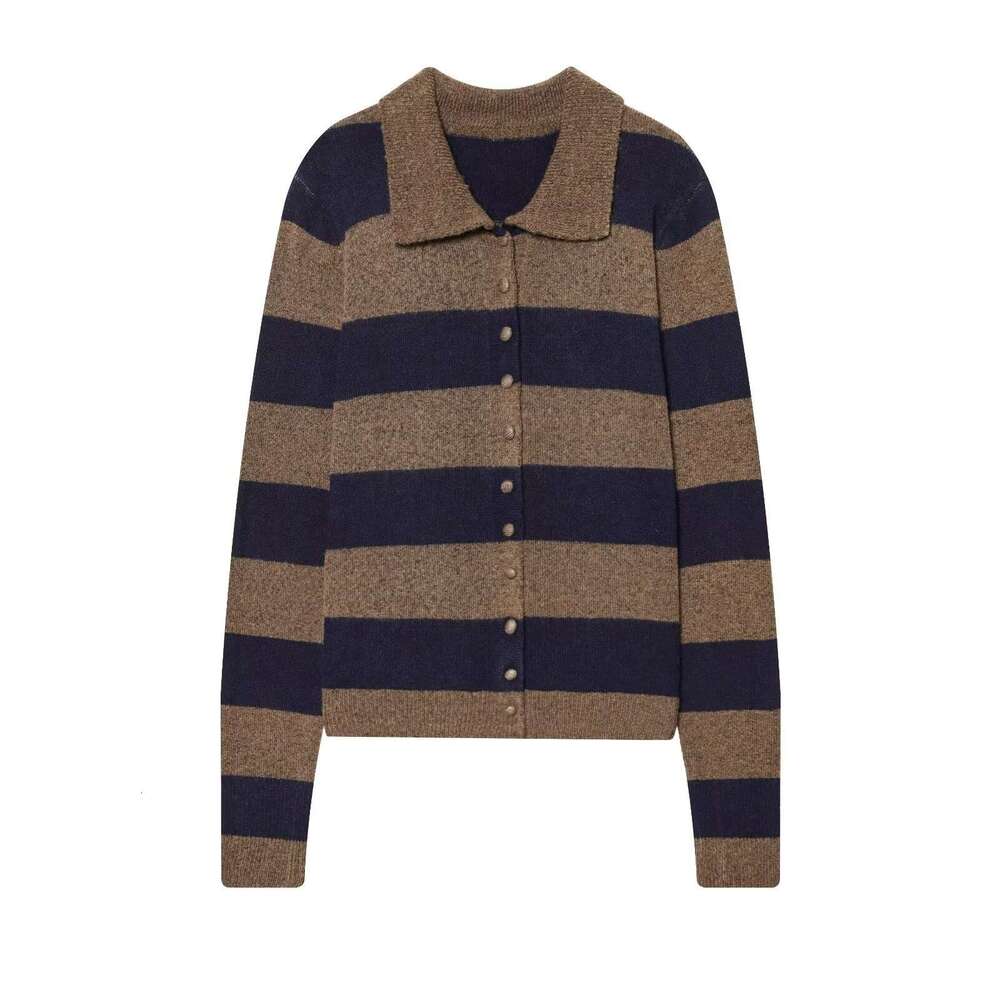 European and American style women's clothing 2026 autumn and winter new item lapel striped patch long sleeved knitted jacket for women