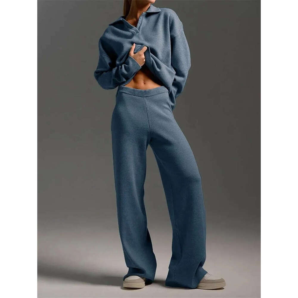 Winter thick women's knitted suit, soft women's sweater, wide leg set, two-piece set, long pants, oversized
