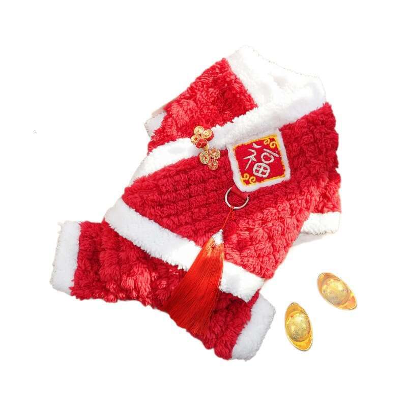 Famous brand Four Legged New Year Style Fleece Lined Warm Pet Dog Clothes Teddy Plush Cat Tang Suit Supplies pupakaIK