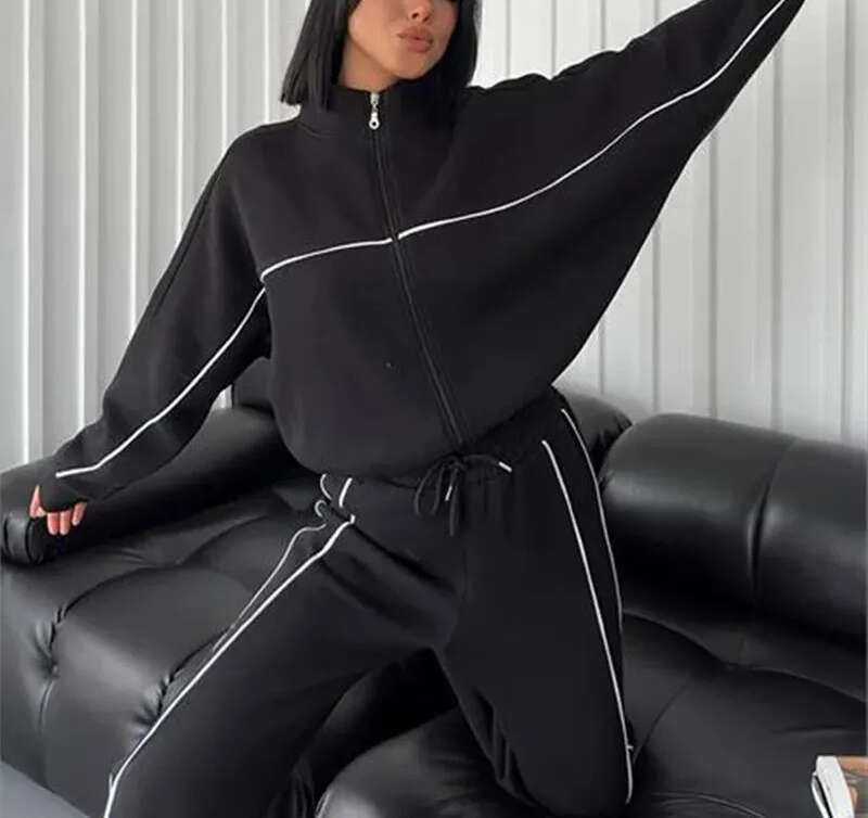 Designer women's long sleeved zipper jacket, oversized sports shirt, jogging pants, casual set, 2-piece set, 2026