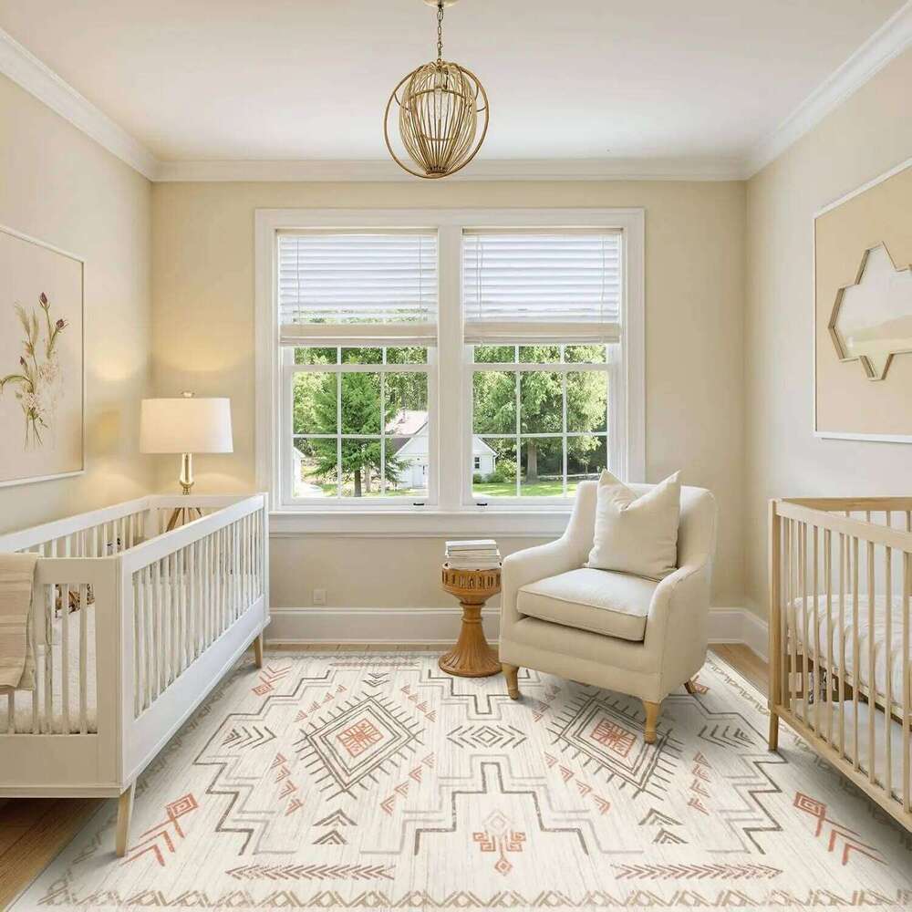 Beige Western and Aztec Tribal Boys Neutral Rug Living Room, Soft Non-Slip Stain Resistant Large Carpet for Bedroom Dining W260226