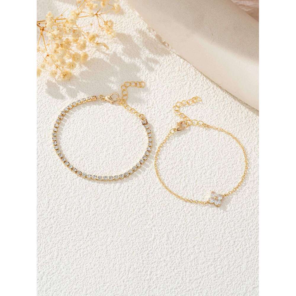 2pcs Simple Cubic Zirconia Flower Water Chain Women's Bracelet Set Daily Office Jewelry Z260225