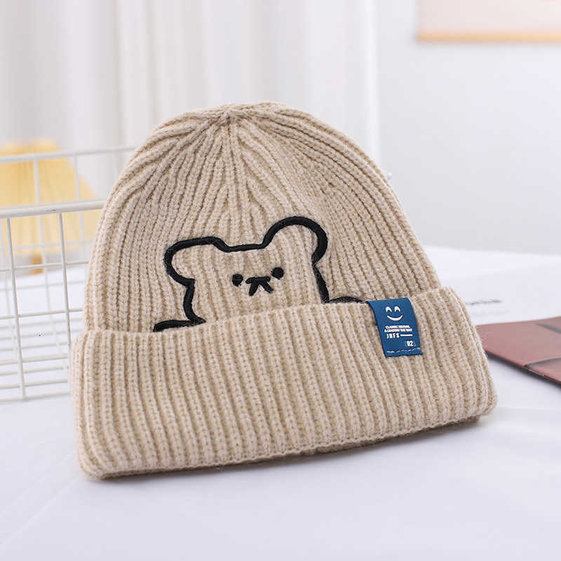 Womens Autumn and Winter Versatile Cute Bear Embroidered Woolen Hat Warm Ear Protection Smiley Face Knit Hat Parent-Child Hat S260225