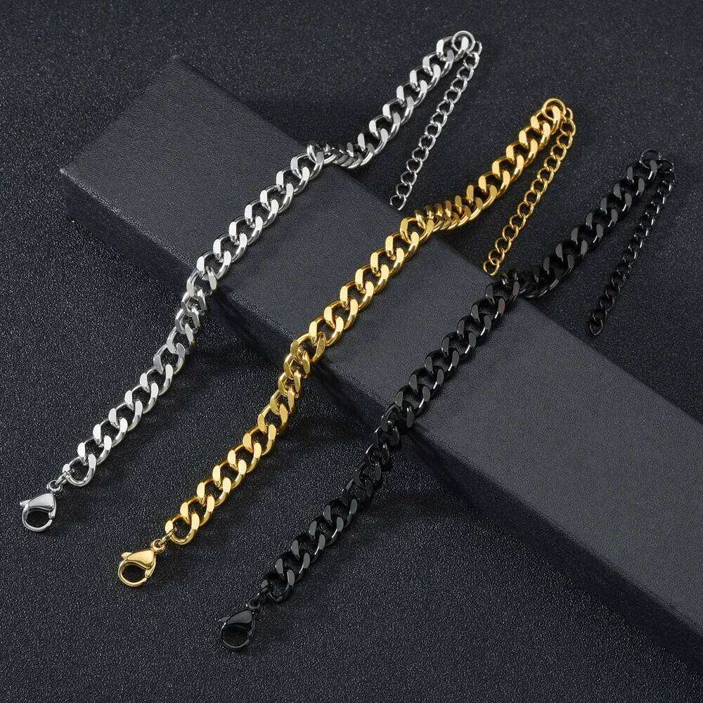 Hip Hop Cuban Chain For Women 3 5 7 mm Simple Stainless Steel Men Bracelet Gold Color Jewelry Z260225
