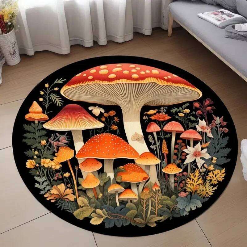 Mushroom Pattern Circle Carpet Utility Round for Living Room Bedroom Deco Kitchen Under Table Floor Mat Non Slip Vintage Rug W260226