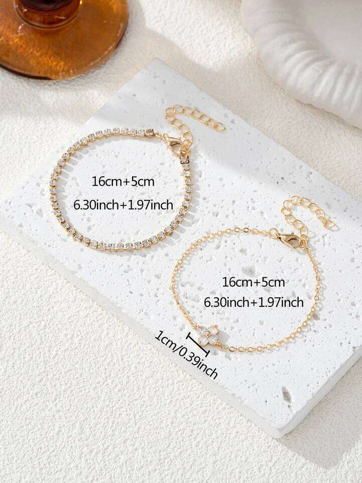 2pcs Simple Cubic Zirconia Flower Water Chain Women's Bracelet Set Daily Office Jewelry Z260225