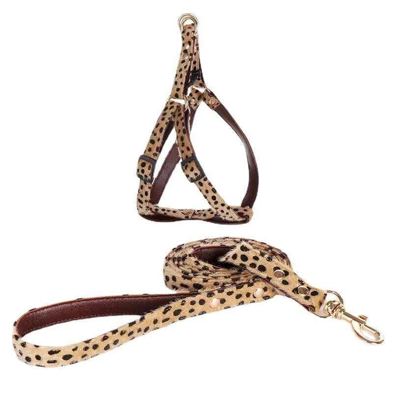 Leopard Print Harness and Leash Set Adjustable - Stylish Dog Collar Pu Fashion Pet Walking Accessories for Small Dogs