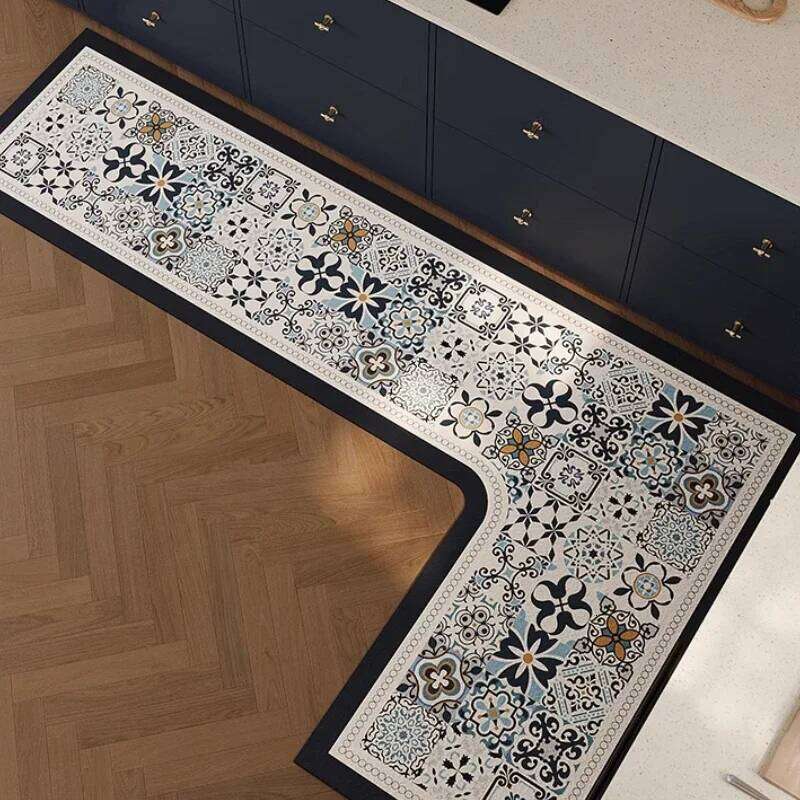 Corner L-shaped Kitchen Carpet Retro Floral Pattern PVD Floor Ethnic Style Plaid Waterproof Rug Non-slip Scrubbable Foot Mat W260226