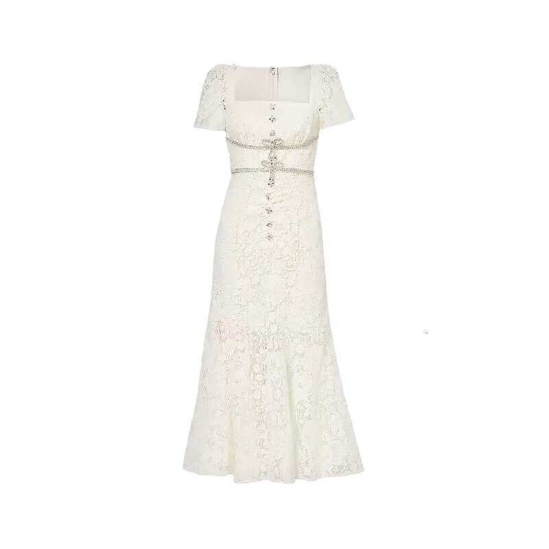 2026 New Designer Fashionable and Elegant Women's Square Neck Dress with Rhinestone Bow and Mermaid Lace Design
