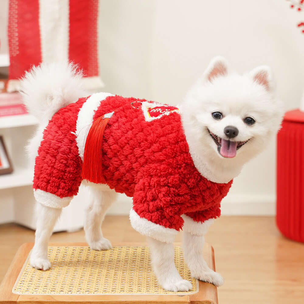 Famous brand Four Legged New Year Style Fleece Lined Warm Pet Dog Clothes Teddy Plush Cat Tang Suit Supplies pupakaIK