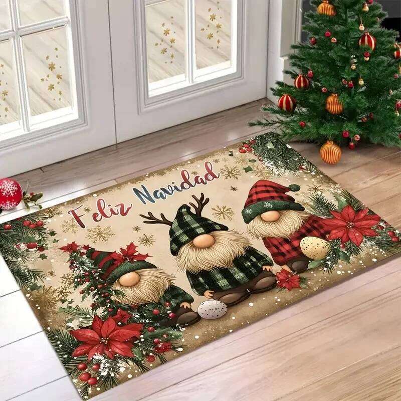 Christmas Gnome Carpet Red Black Plaid Rug "Merry Christmas" Snowflake Pine Branch Home Decoration Entryway Floor Mat W260226