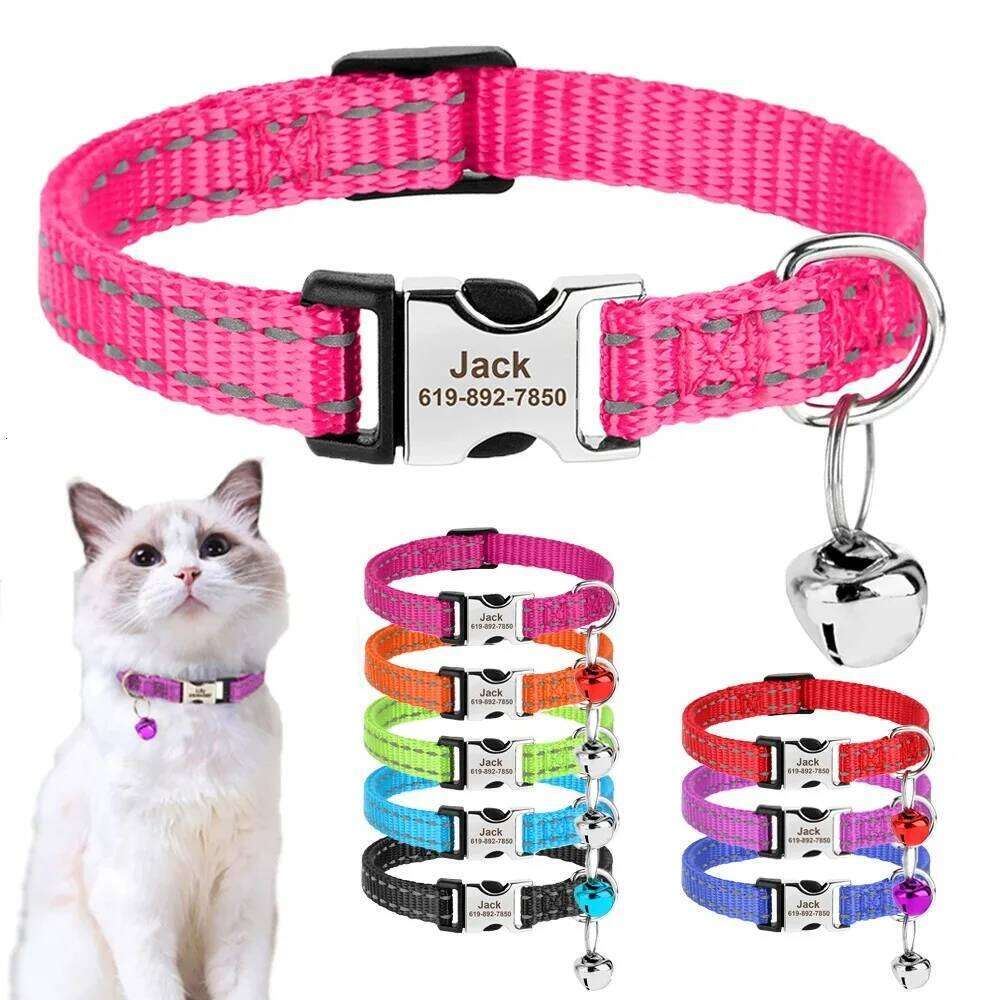 Personalized Cat Reflective Nylon Dog ID Collar With Bell Engraving Name for Small Cats Dogs Chihuahua 6 Colors