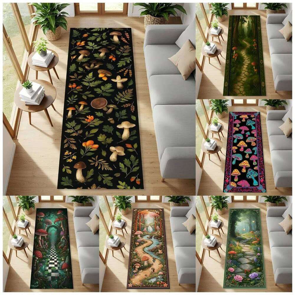 Forest Frog And Mushroom Runner Rug, Whimsical Toadstool Carpet, Dark Woodland Plants Mat, Enchanted Nature Floor Art W260226