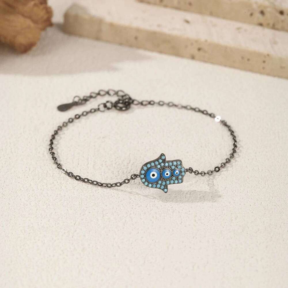 MODIAN 925 Sterling Silver Blue Enamel Synthetic Turquoise Link Chain Bracelet Black Ghost Eyes Palm Bracelets For Women Jewelry Z260225