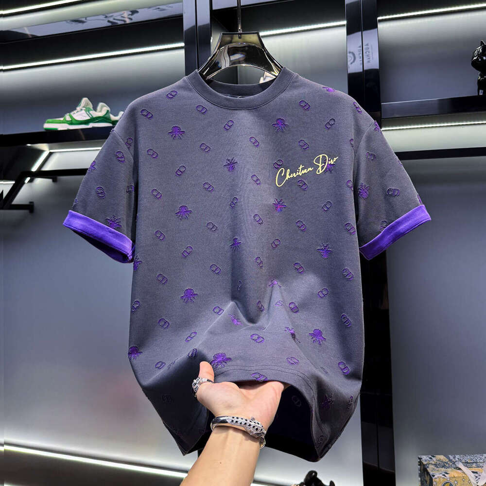 European Style Men's High-End Burnt Flower Bee Short T-Shirt New Summer Trendy Loose American Light Luxury Half Sleeve