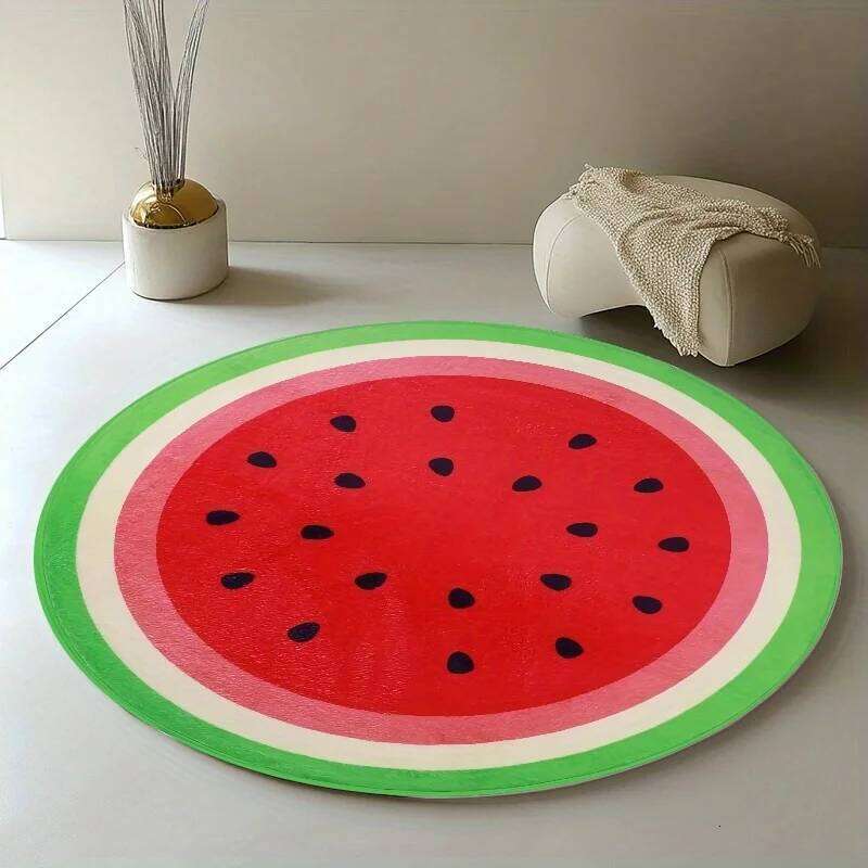 Watermelon Round Rug Soft Crystal Velvet Mat for Living Room, Kids Room & Bedroom Machine Washable Summer Decor W260226