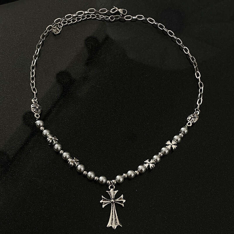 Vintage Cross Beaded Necklace For Women Ins Hip-hop Personality Accessories Sweater Chain