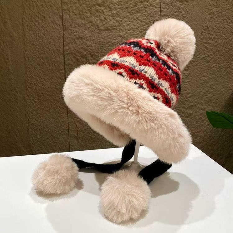 Winter Thickened Fleece-Lined Warm Lei Feng Hat for Women Knitted Jacquard Pattern Earflap Hat Northeast Cold-Proof Versatile Casual Hat S260225