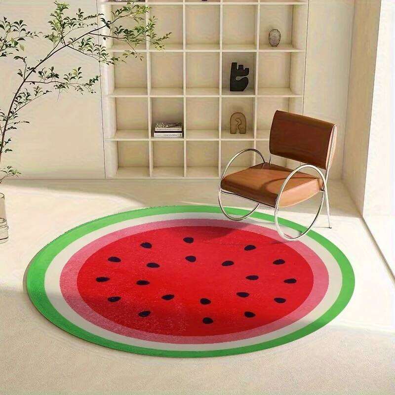 Watermelon Round Rug Soft Crystal Velvet Mat for Living Room, Kids Room & Bedroom Machine Washable Summer Decor W260226