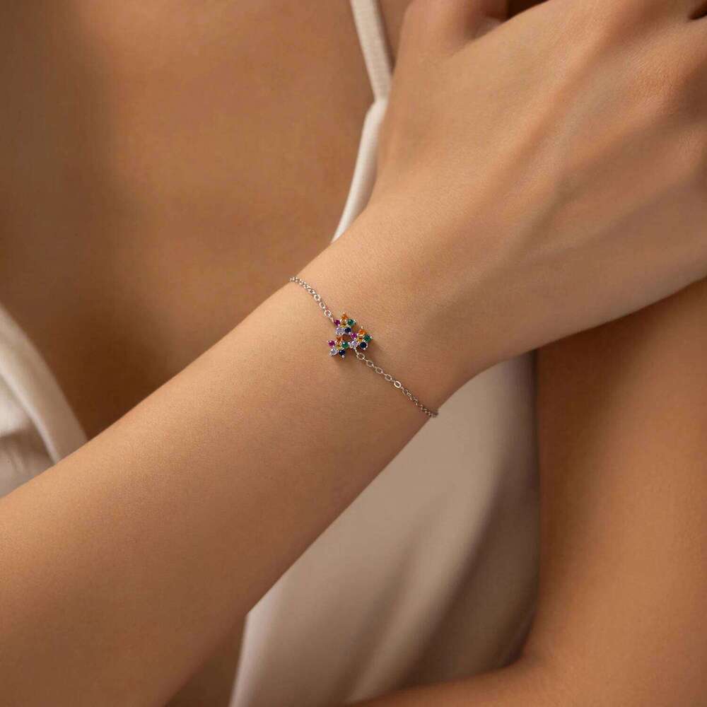 MODIAN 925 Sterling Silver Cute Rainbow Color Zirconia Three Small Flowers Link Chain Bracelets For Women Fine Jewelry Z260225