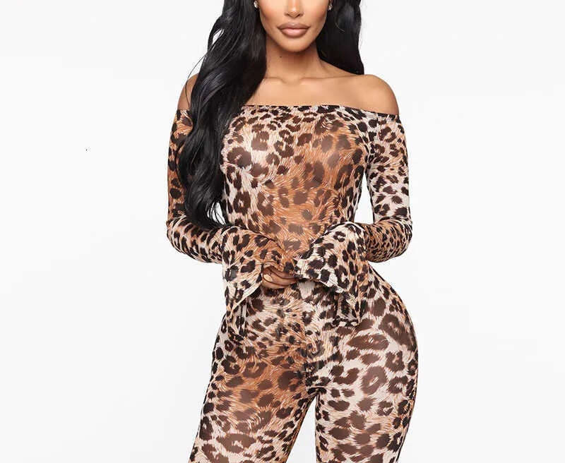 Leopard print women's thong leggings set long sleeved off shoulder elegant slim fit sexy streetwear club