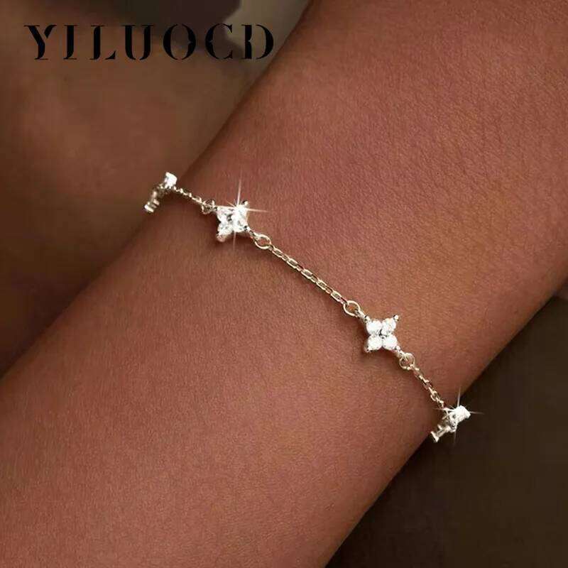925 Silver Plated Cz Four-leaf for Women Shiny Zircon Flower Adjustable Link Chain Bracelet Cute Dainty Jewelry Z260225