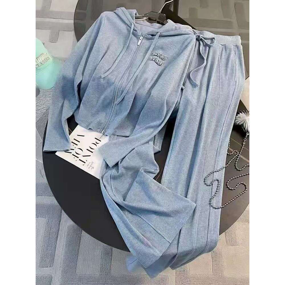Salt-Style Casual Sports Suit For Women, Spring Trendy, Age-Reducing, Slimming, Blue Hooded Sweatshirt And Wide-Leg Pants Two-Piece Set