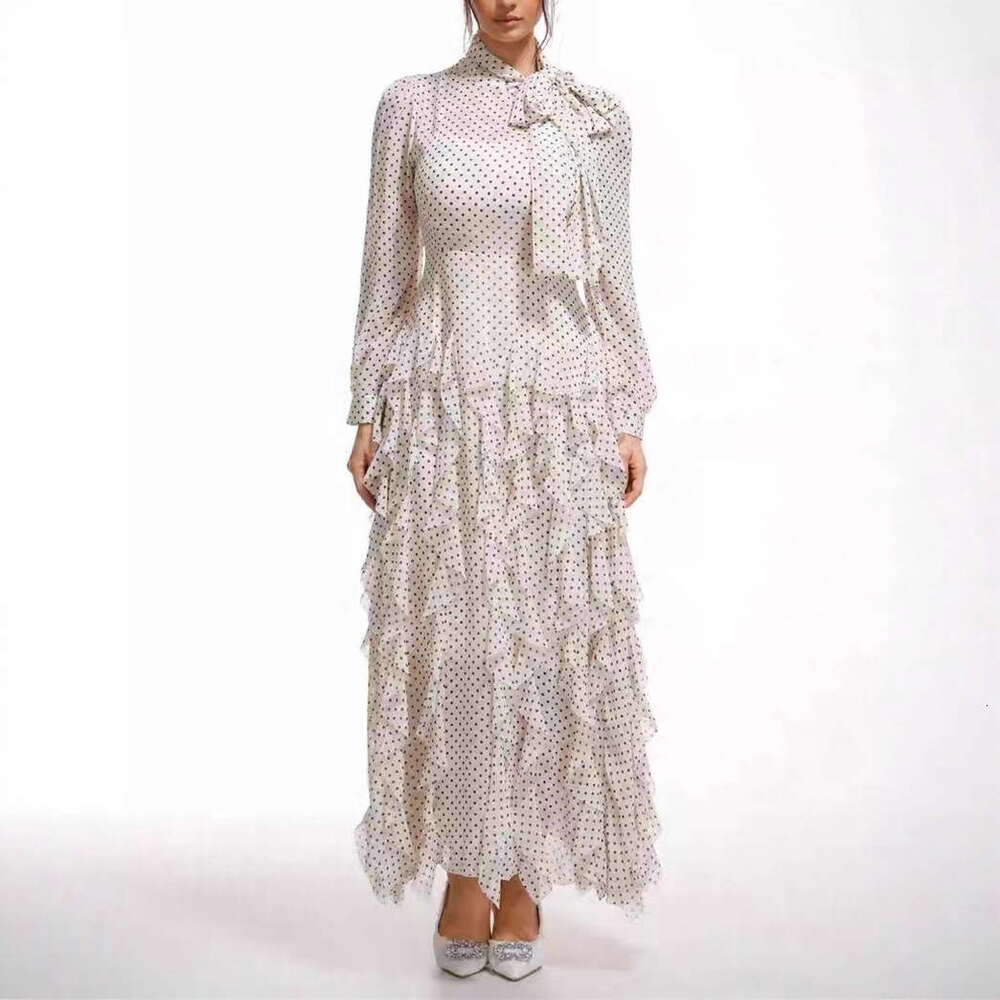 2026 early autumn European and American niche goddess fairy style polka dot ruffled satin ribbon tie fluffy long skirt