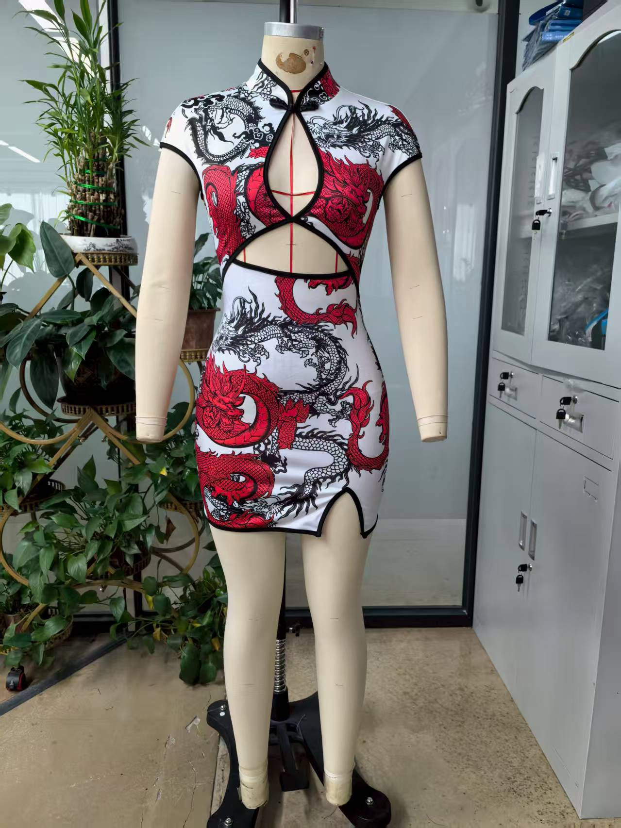 Women's Chinese Dragon Print Hollow-Out Bodycon Dress with Puff Sleeve and Button Detail