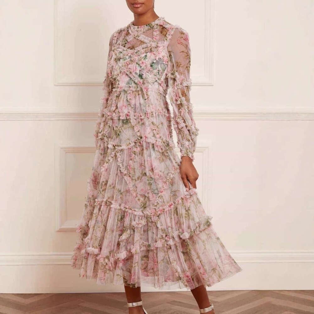 2026 Autumn New Women's Fashion Brand Dream Fairy Flower Mesh Ruffle Long Skirt