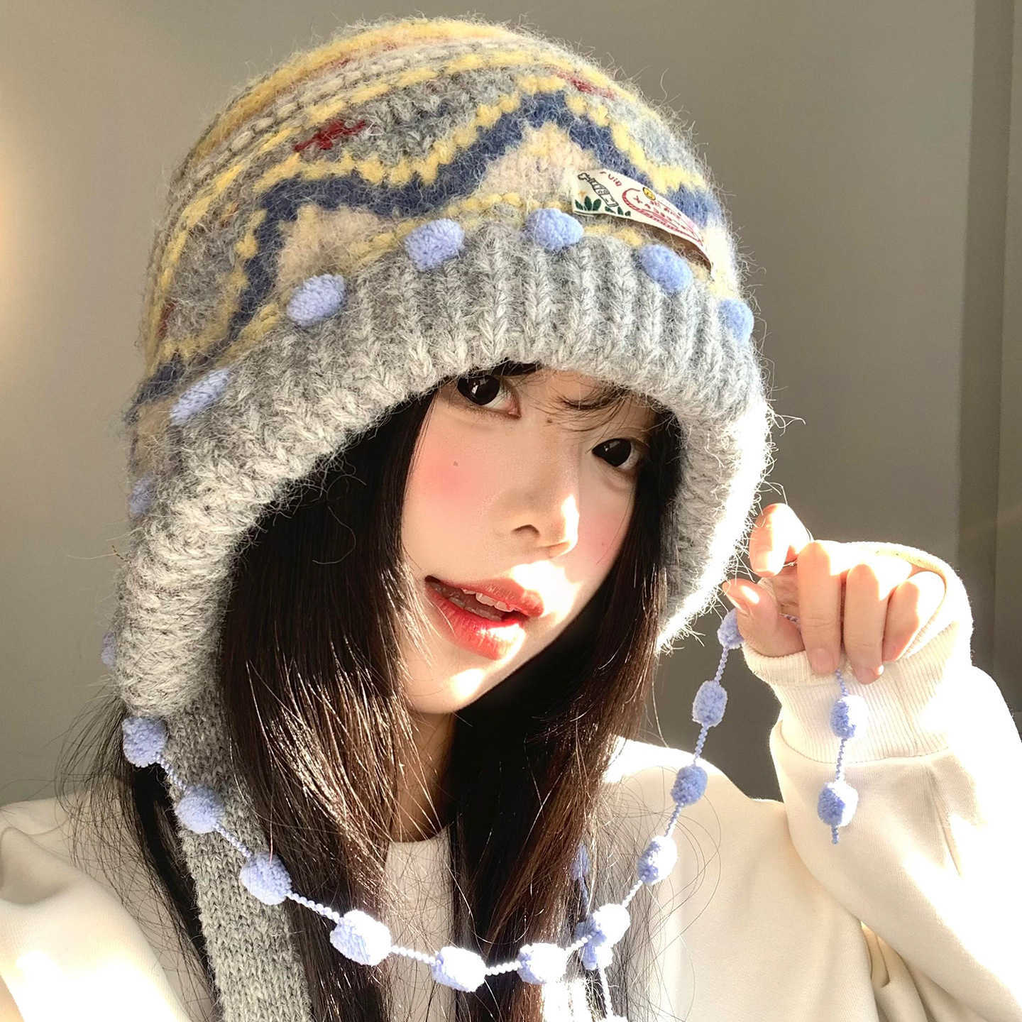 Fair Isle Knit Balaclava Hat for Women Autumn and Winter Face-Slimming Headwrap Thickened Warm Ear-Protecting Hat S2602251E7I