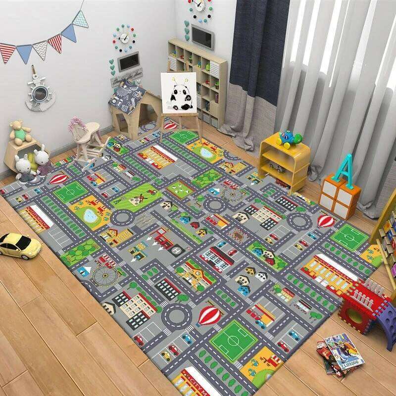Interactive Cartoon Race Track Rug Playful Car Design Floor Mat for Kids Bedroom Living Educational Carpets Game Room W260226