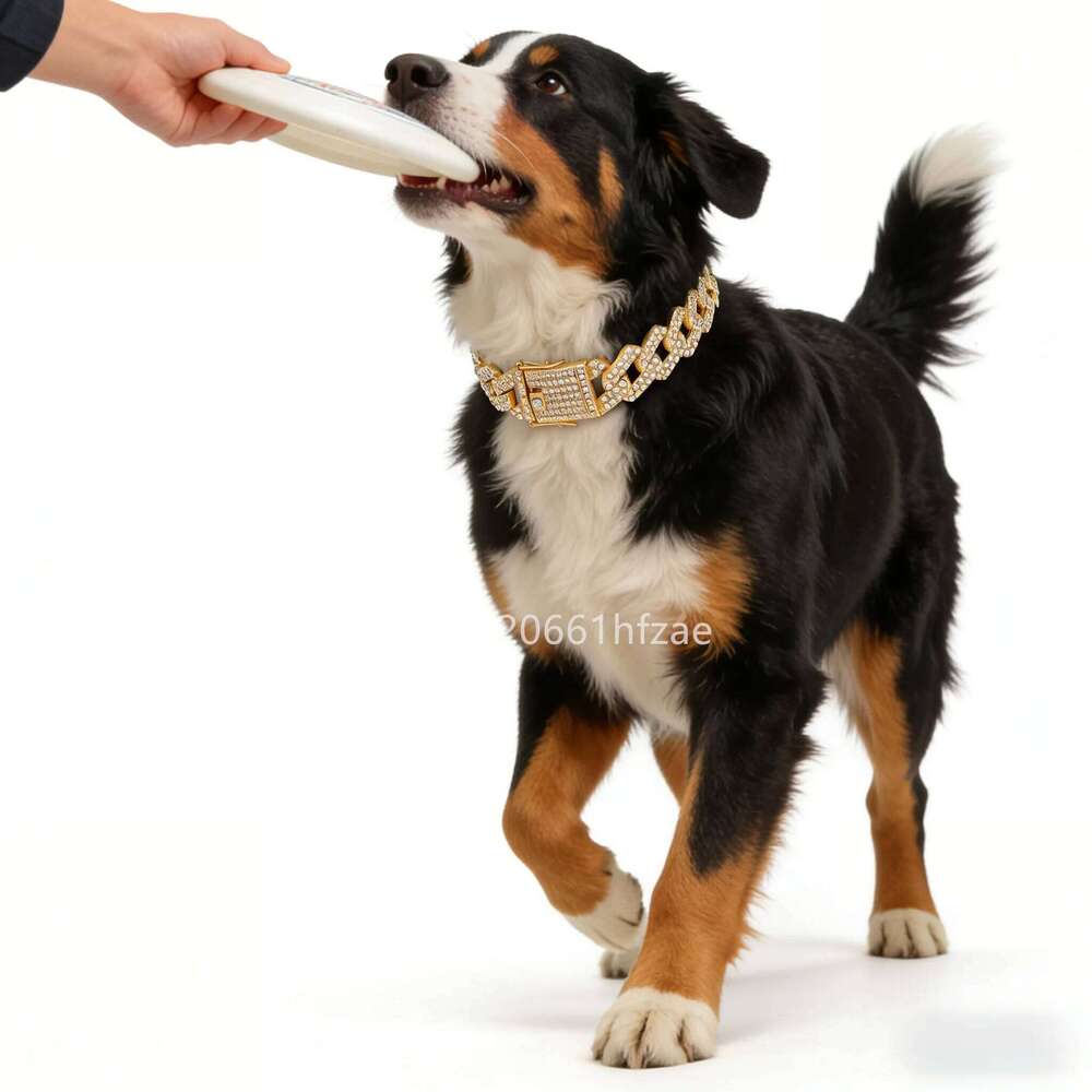 20mm Width Gold Silver Color Classic Miami Cuban Link Chain Large Dog Collar Full Rhinestones Cat Pet Jewelry Para Perros 45cm