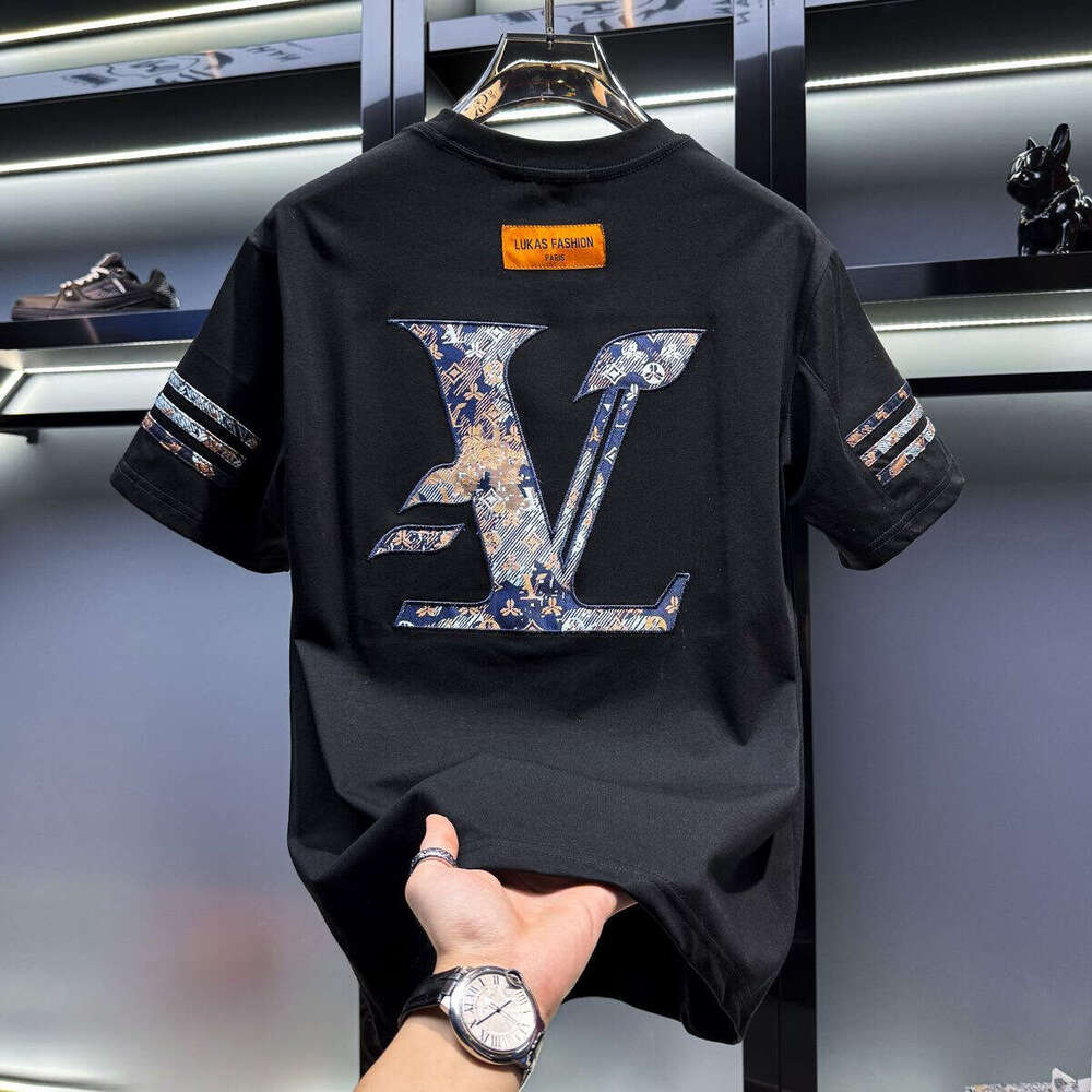 European Men's High-End Embroidered Round-Neck Short-Sleeve T-Shirt, New Trendy Brand Summer Fashion American Style Half-Sleeve