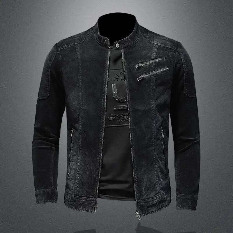 New denim men loose casual stand collar zipper motorcycle retro fashion jacket streetwear men's clothing 26H0226
