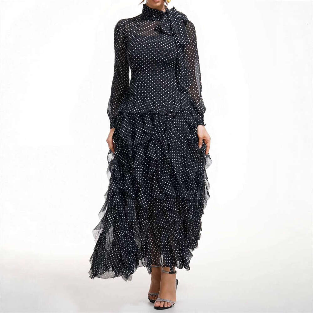 2026 early autumn European and American niche goddess fairy style polka dot ruffled satin ribbon tie fluffy long skirt