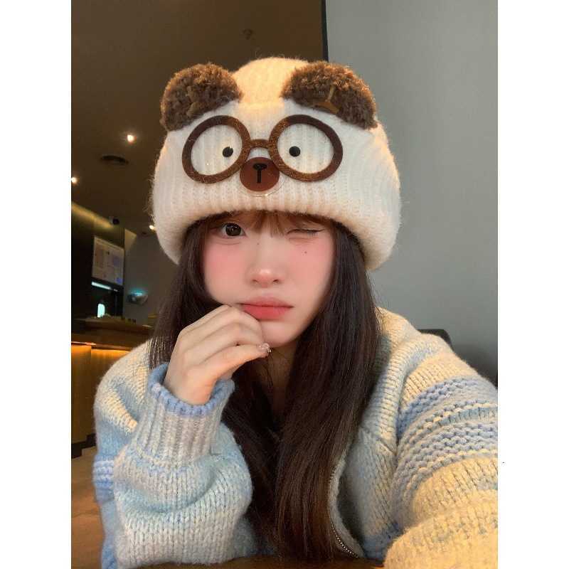 Cute Cat Ear Knitted Hat for Women Autumn and Winter Warmth Large Head Circumference Face Slimming Cartoon Cat Glasses Ear Protection Yarn Hat S260225