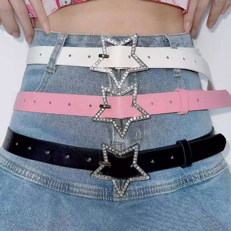 Kawaii Pink Star Belt for Women Jeans Buckle Adjustable Black Gothic Cute PU Leather Belts Korean Fashion Y2k Accessories Y260225