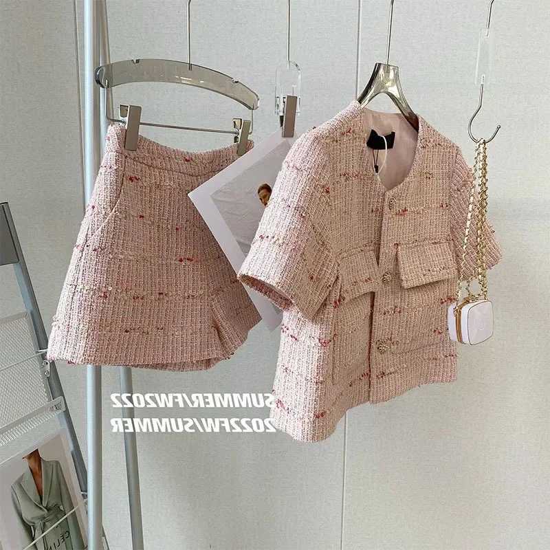 Pink Tweed 2 Piece Set for Women, Crop Jacket & Shorts Matching OutfitT260226