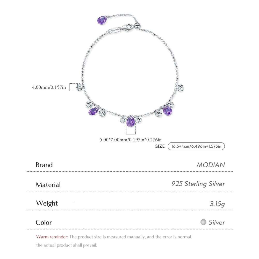 MODIAN Beads Link Chain 925 Sterling Silver Purple Zirconia Water Drop Charm Stackable Bracelet For Women Jewelry Gift Z260225