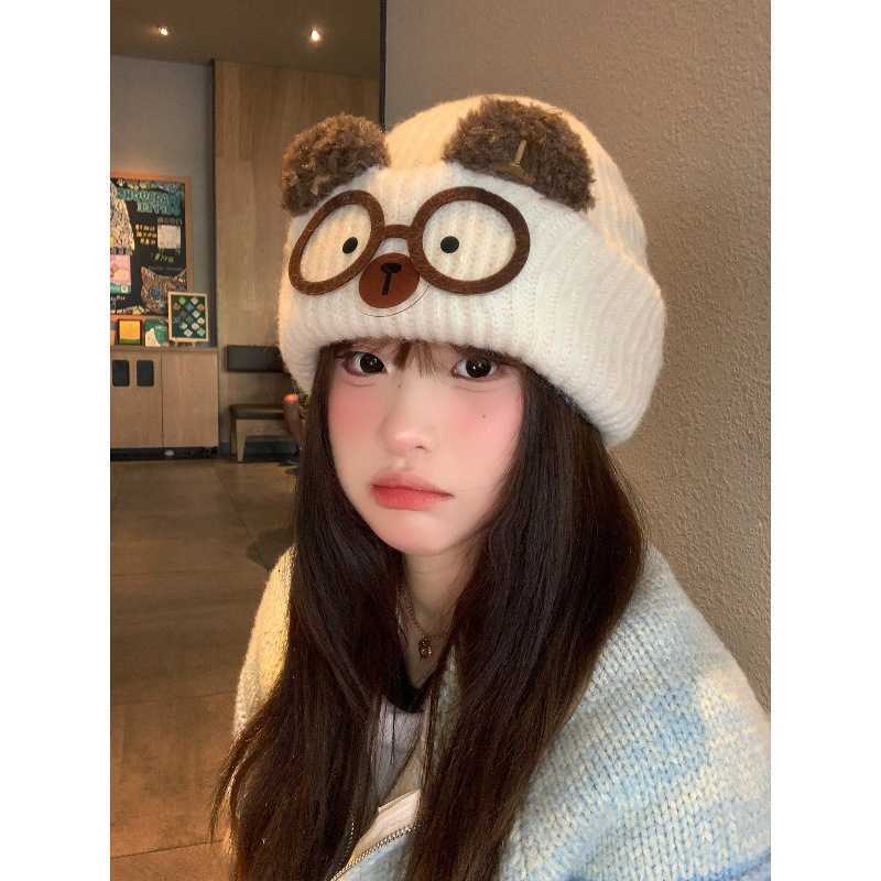 Cute Cat Ear Knitted Hat for Women Autumn and Winter Warmth Large Head Circumference Face Slimming Cartoon Cat Glasses Ear Protection Yarn Hat S260225