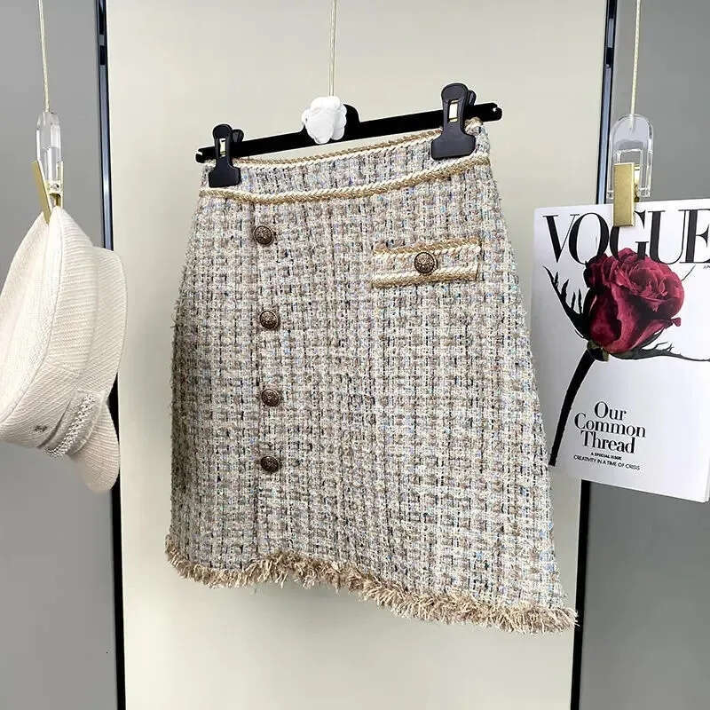 Women's suit set, women's two-piece set, long sleeved checkered printed short tweed jacket, button up front skirt two-piece set