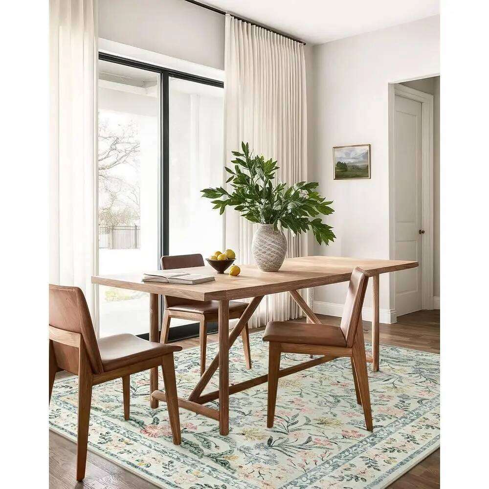 5x7 Washable Floral Area Rug, Soft Boho Style Carpet for Bedroom, Non-Slip Beige Living Room Mat W260226