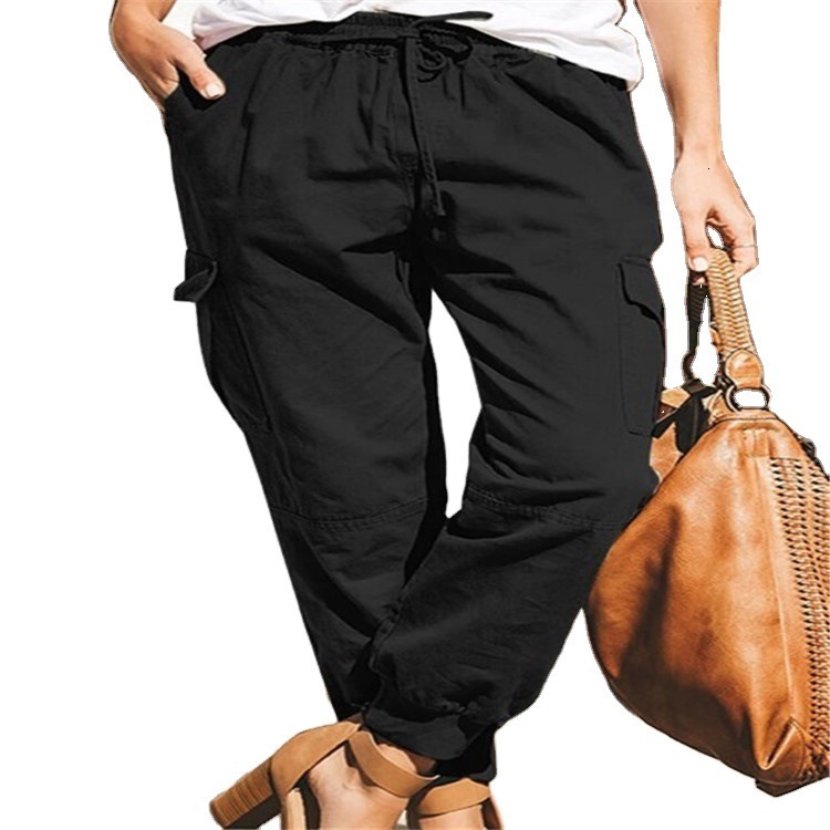2024 Womens Solid Color Casual Fashion Pocket Drawstring Cargo Pants High Waist Womens Pants251022