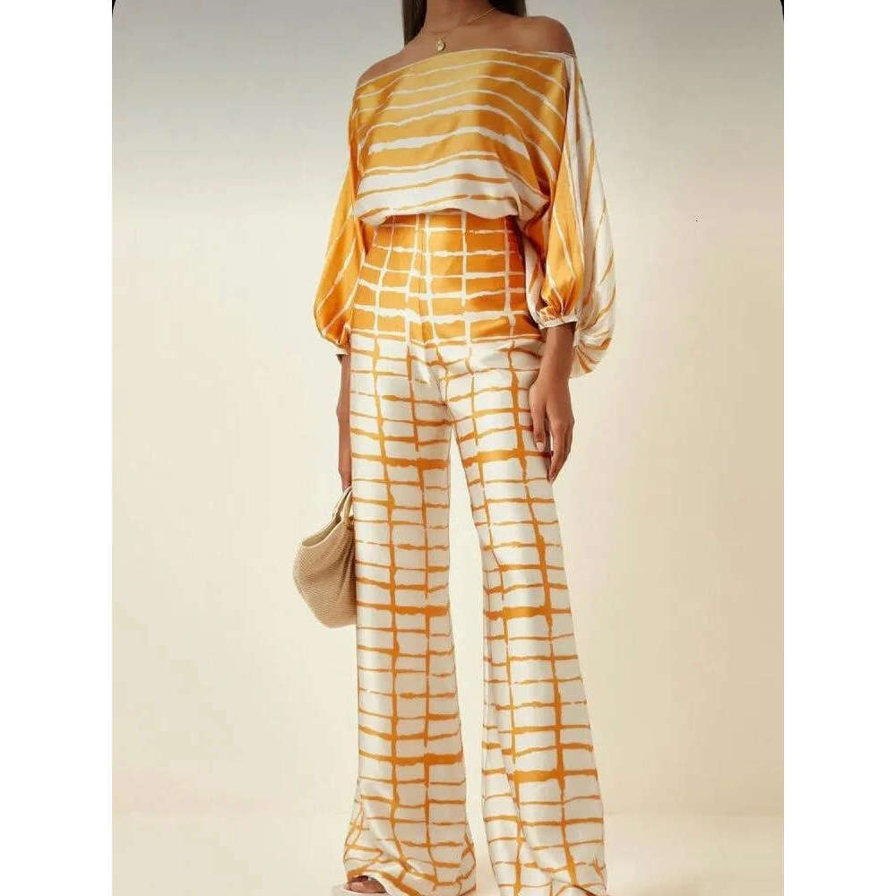 Women's Pants Women's Satin Summer Lantern Sleeve Off Shoulder Shirt Office Women's Fashion Casual Wide Leg Set