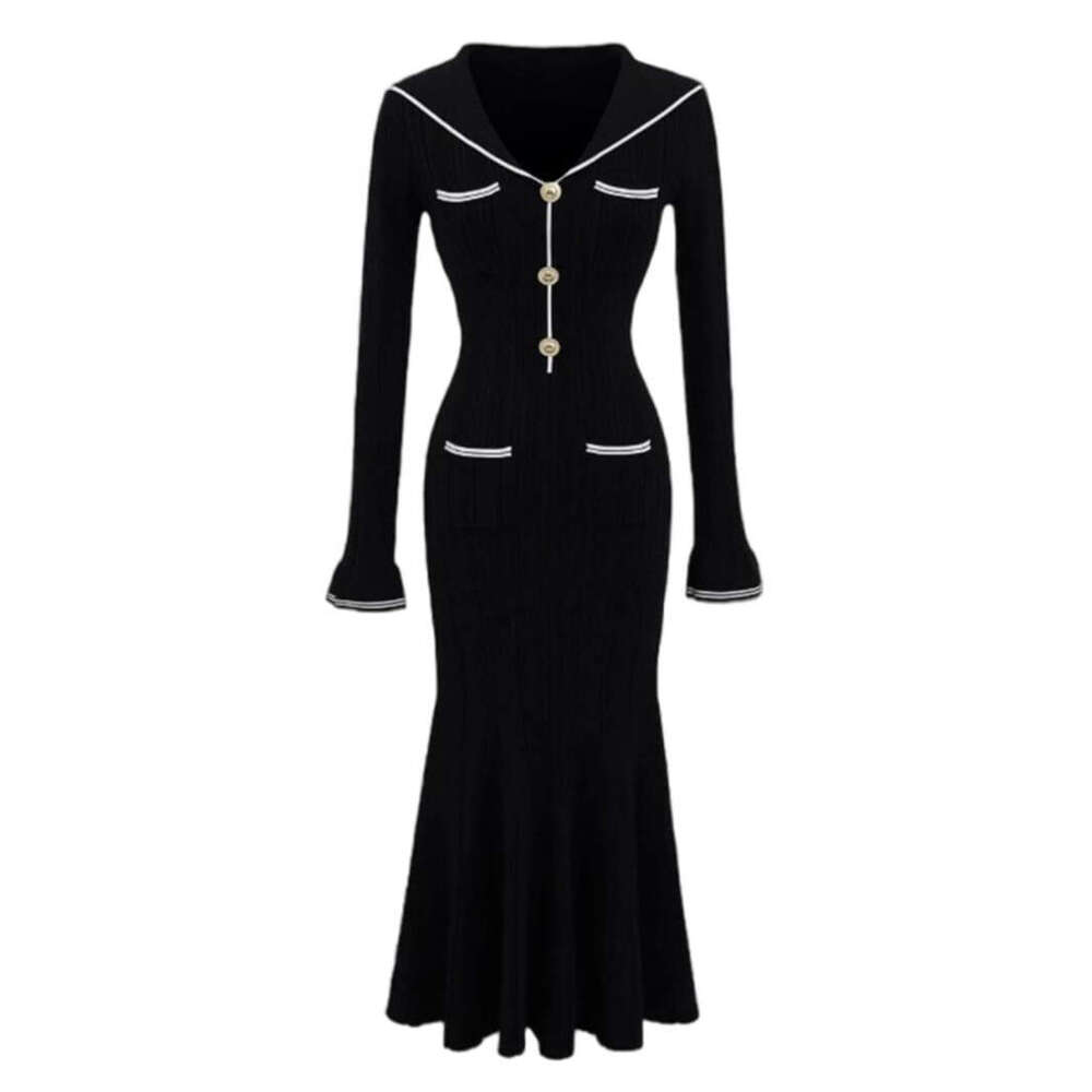 Autumn and winter designer fashion navy blue collar contrasting color fashion slim fit pleated sleeves knitted long skirt