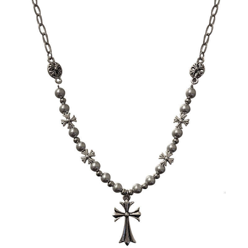 Vintage Cross Beaded Necklace For Women Ins Hip-hop Personality Accessories Sweater Chain