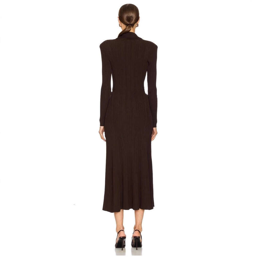 Autumn and winter goddess elegant temperament lightweight style versatile lapel V-neck metal buckle knitted elastic slim long dress 2026