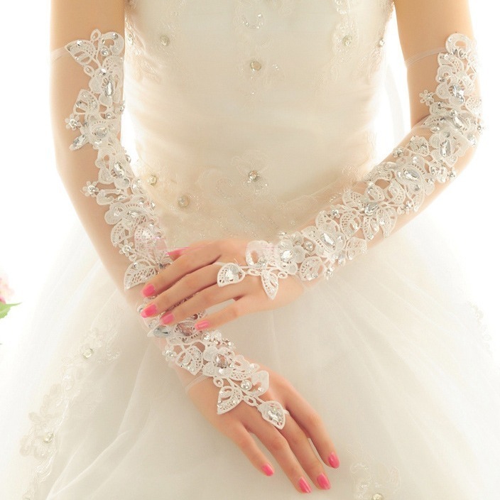 Fingerless Rhinestone Lace Bridal Wedding Gloves Long Fancy Party Wedding Opera Appliques Gloves 250408